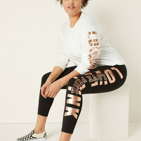 PINK Victoria's Secret Leggings Metallic Rose Gold Graphite Grey Size XS NWT - Picture 1 of 10